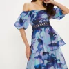 Online Oasis Smudge Floral Lace Trim Tiered Organza Midi Dress Navy