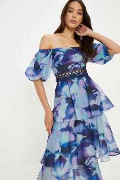 Online Oasis Smudge Floral Lace Trim Tiered Organza Midi Dress Navy