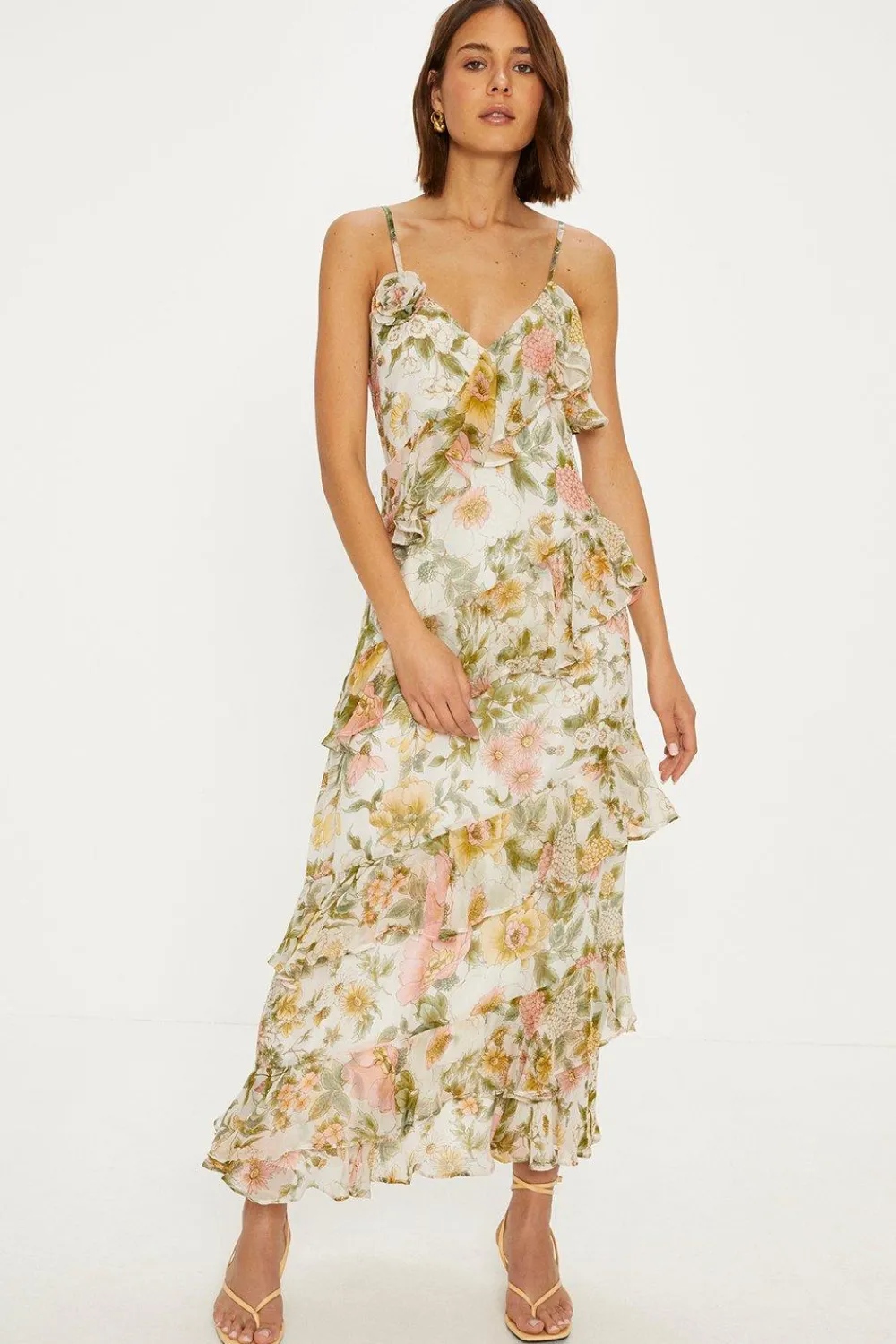 Discount Oasis Soft Floral Asymmetric Ruffle Strappy Midi Dress Ivory