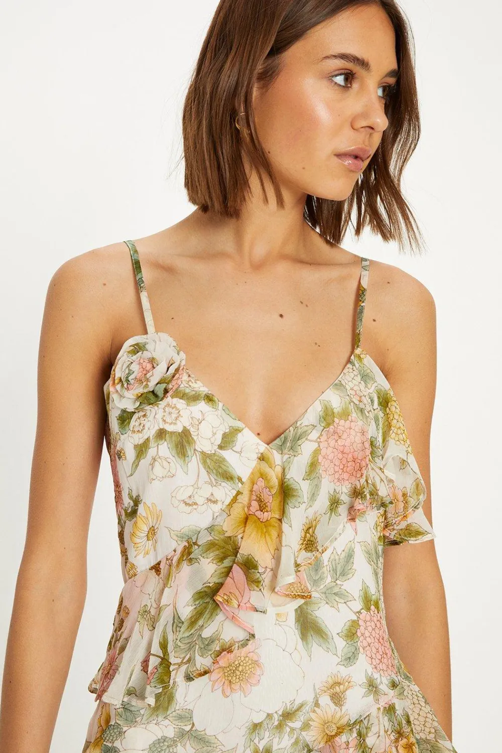 Discount Oasis Soft Floral Asymmetric Ruffle Strappy Midi Dress Ivory