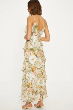 Discount Oasis Soft Floral Asymmetric Ruffle Strappy Midi Dress Ivory