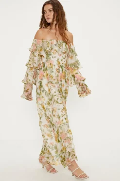 Fashion Oasis Soft Floral Chiffon Ruffle Maxi Dress Ivory