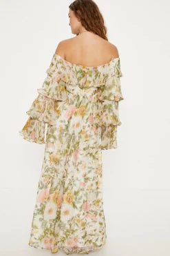 Fashion Oasis Soft Floral Chiffon Ruffle Maxi Dress Ivory