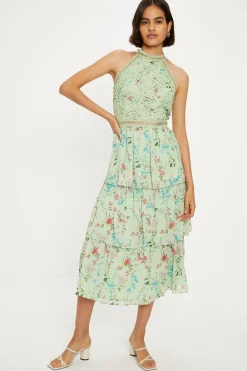 Outlet Oasis Soft Floral Lace Halter Neck Tiered Midi Dress Sage