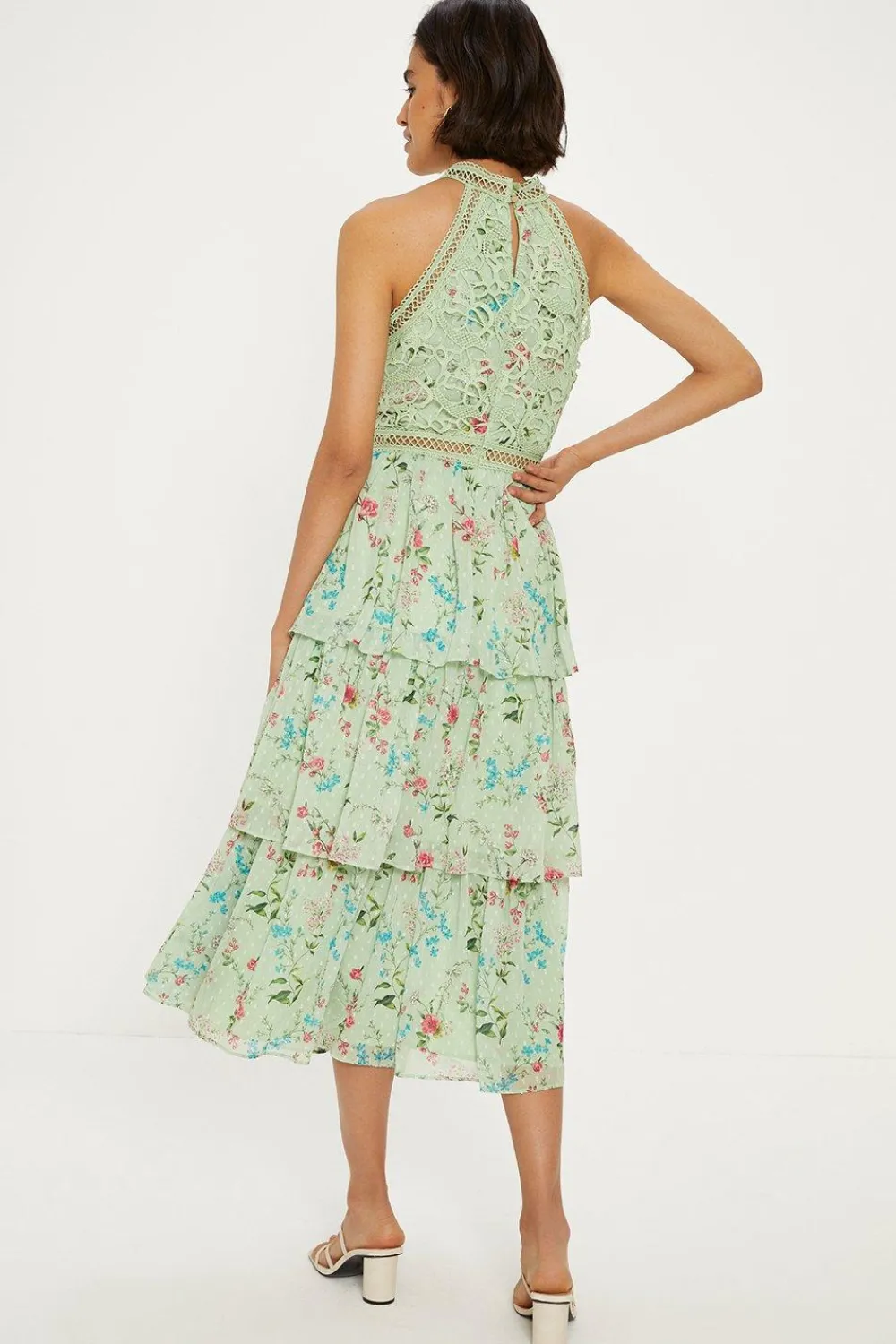Outlet Oasis Soft Floral Lace Halter Neck Tiered Midi Dress Sage