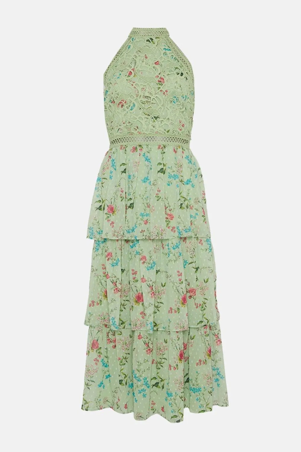 Outlet Oasis Soft Floral Lace Halter Neck Tiered Midi Dress Sage