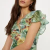 Outlet Oasis Soft Floral Satin Burnout Ruffle Midi Dress Sage