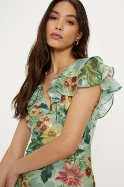 Outlet Oasis Soft Floral Satin Burnout Ruffle Midi Dress Sage