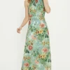 New Oasis Soft Floral Satin Burnout Halter Midi Dress Sage