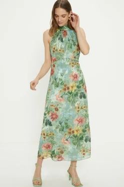 New Oasis Soft Floral Satin Burnout Halter Midi Dress Sage