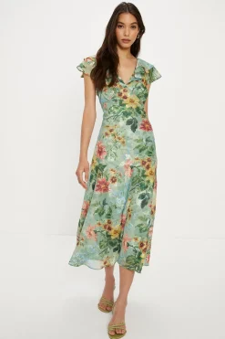 Outlet Oasis Soft Floral Satin Burnout Ruffle Midi Dress Sage