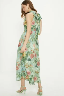 New Oasis Soft Floral Satin Burnout Halter Midi Dress Sage