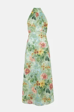 New Oasis Soft Floral Satin Burnout Halter Midi Dress Sage