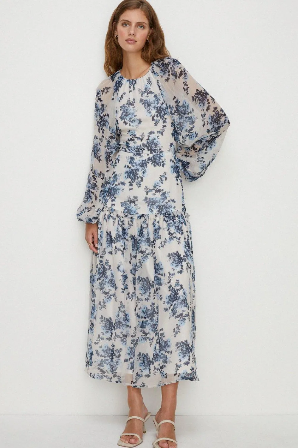 Online Oasis Soft Floral Tiered Hem Midi Dress Ivory