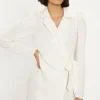 Clearance Oasis Soft Tailored Puff Sleeve Wrap Dress Ivory