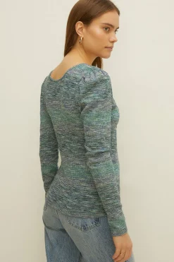 Best Oasis Space Dyed Rib V Neck Keyhole Top Blue