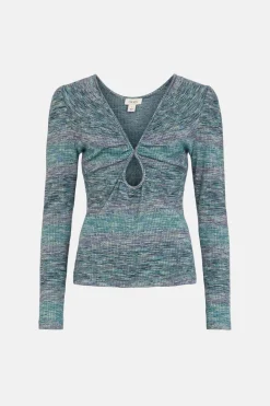 Best Oasis Space Dyed Rib V Neck Keyhole Top Blue