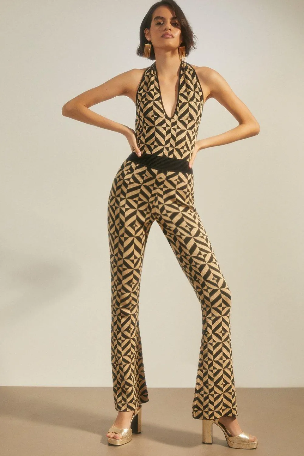 New Oasis Sparkle Geo Jacquard Knitted Halter Jumpsuit Gold