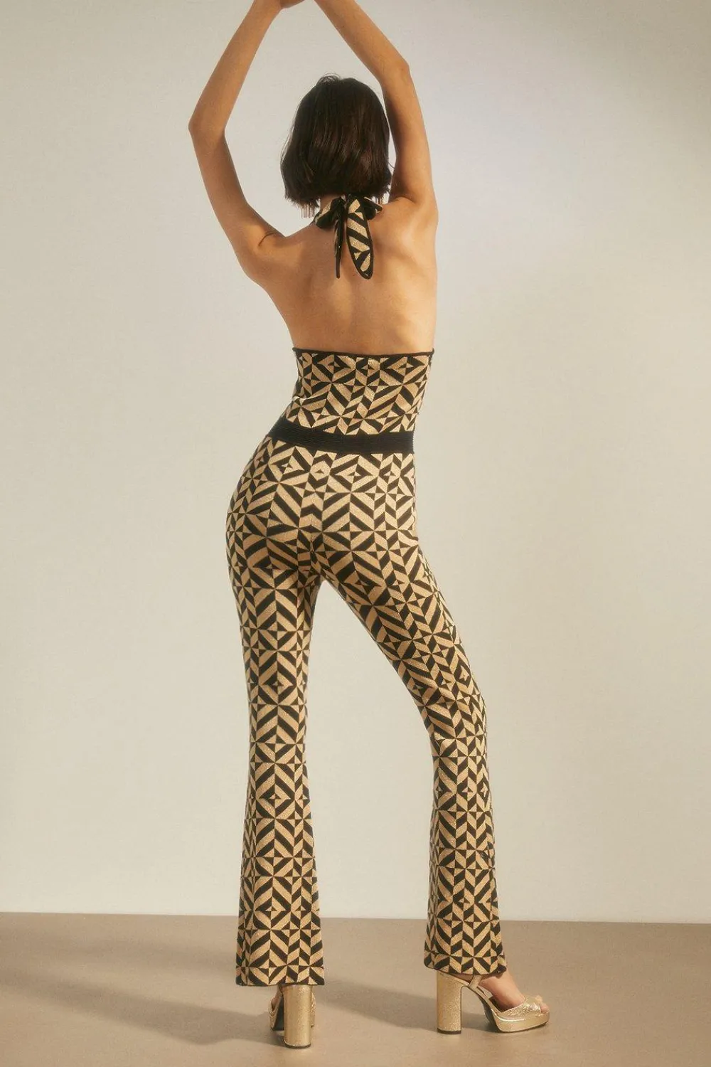 New Oasis Sparkle Geo Jacquard Knitted Halter Jumpsuit Gold