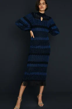 Sale Oasis Sparkle Zig Zag Fringe Hem Midi Dress Blue