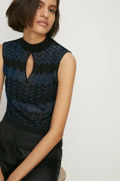 Online Oasis Sparkle Zig Zag Fringe Hem Knit Top Blue