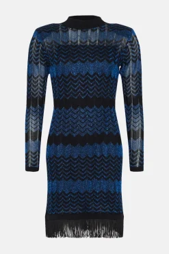 Online Oasis Sparkle Zig Zag Fringe Hem Knitted Mini Dress Blue