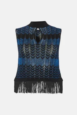 Online Oasis Sparkle Zig Zag Fringe Hem Knit Top Blue