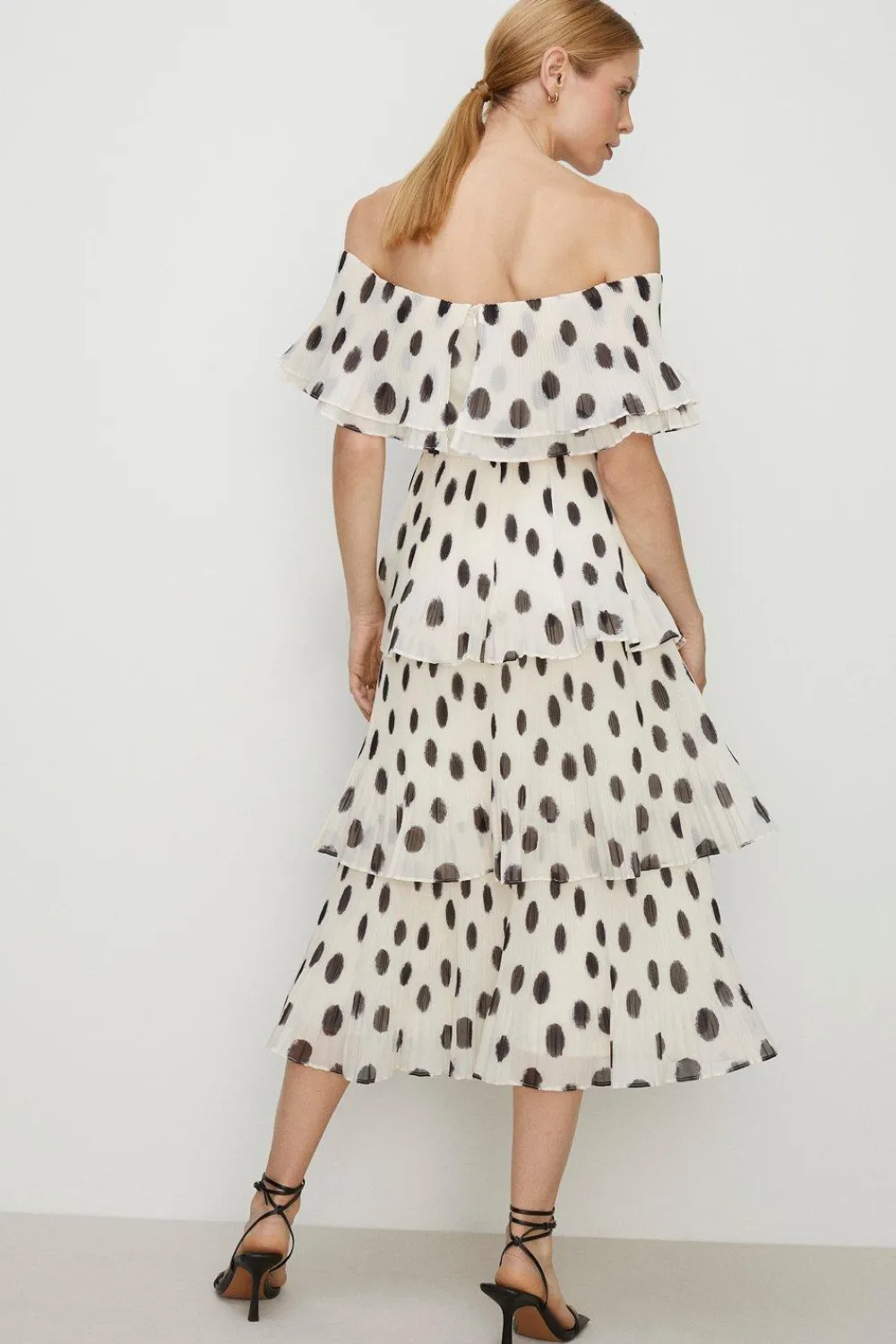Outlet Oasis Spot Bardot Organza Tiered Midi Dress White
