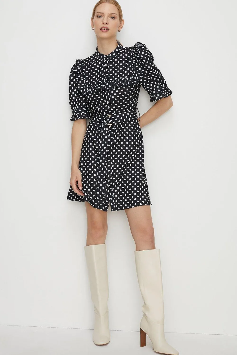 Sale Oasis Spot Print Frill Crepe Skater Dress Black