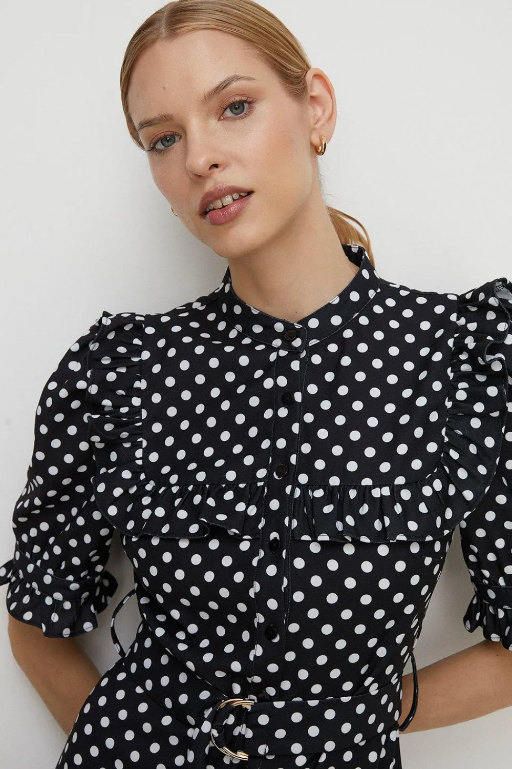 Sale Oasis Spot Print Frill Crepe Skater Dress Black