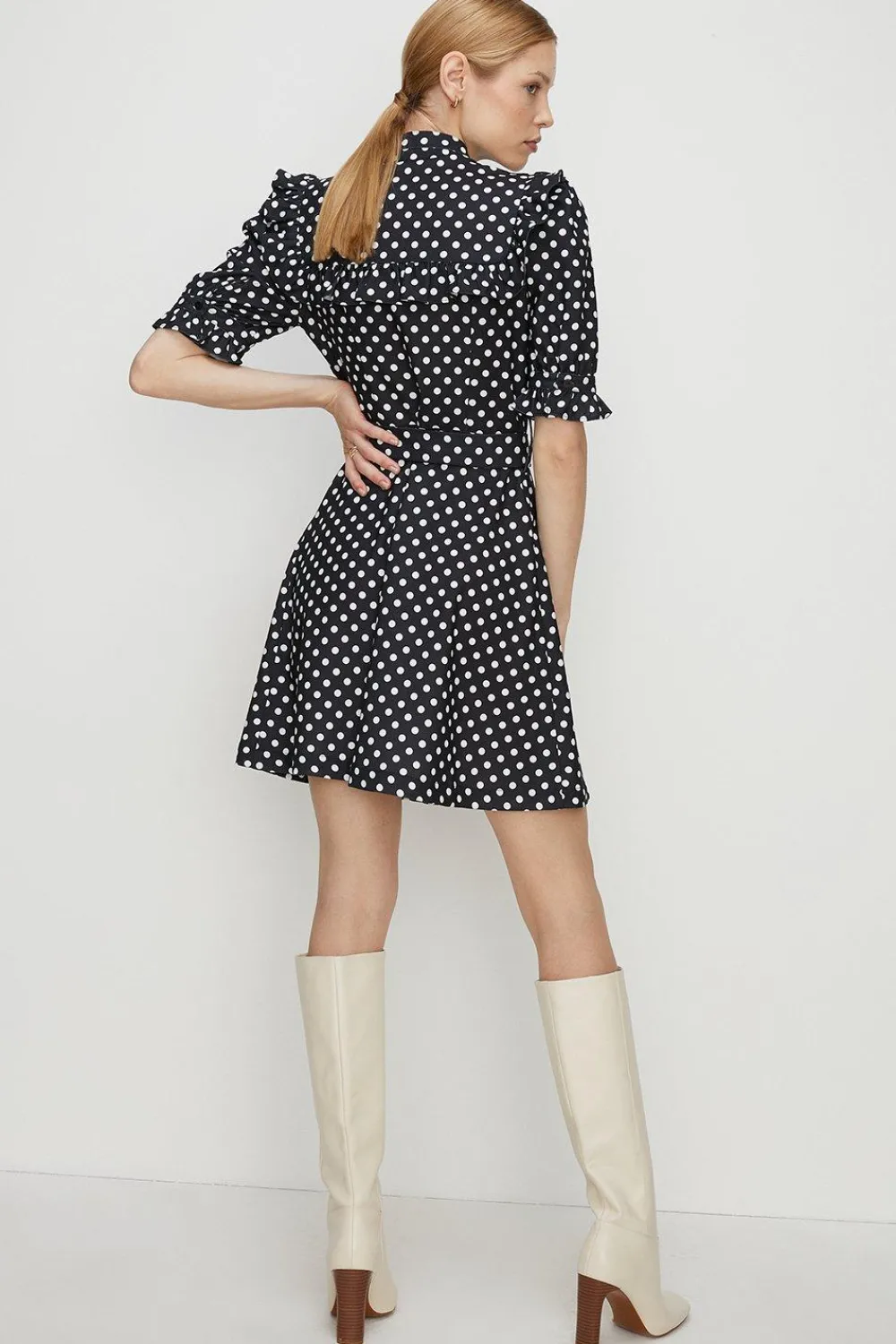 Sale Oasis Spot Print Frill Crepe Skater Dress Black
