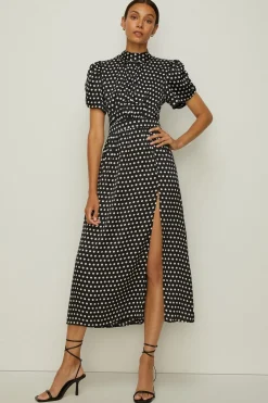 Fashion Oasis Spot Ruched Puff Sleeve Midi Dress Mono