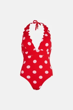 Fashion Oasis Spot Scallop Textu Halter Swimsuit Red
