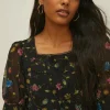 Outlet Oasis Square Neck Pretty Floral Blouse Black