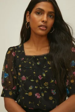 Outlet Oasis Square Neck Pretty Floral Blouse Black