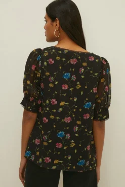 Outlet Oasis Square Neck Pretty Floral Blouse Black