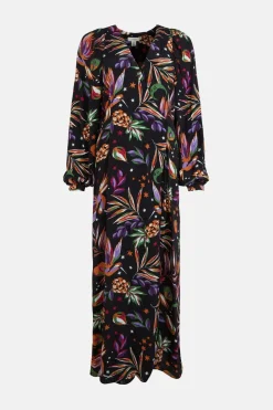 Fashion Oasis Starry Tropic Printed Midi Wrap Dress Black
