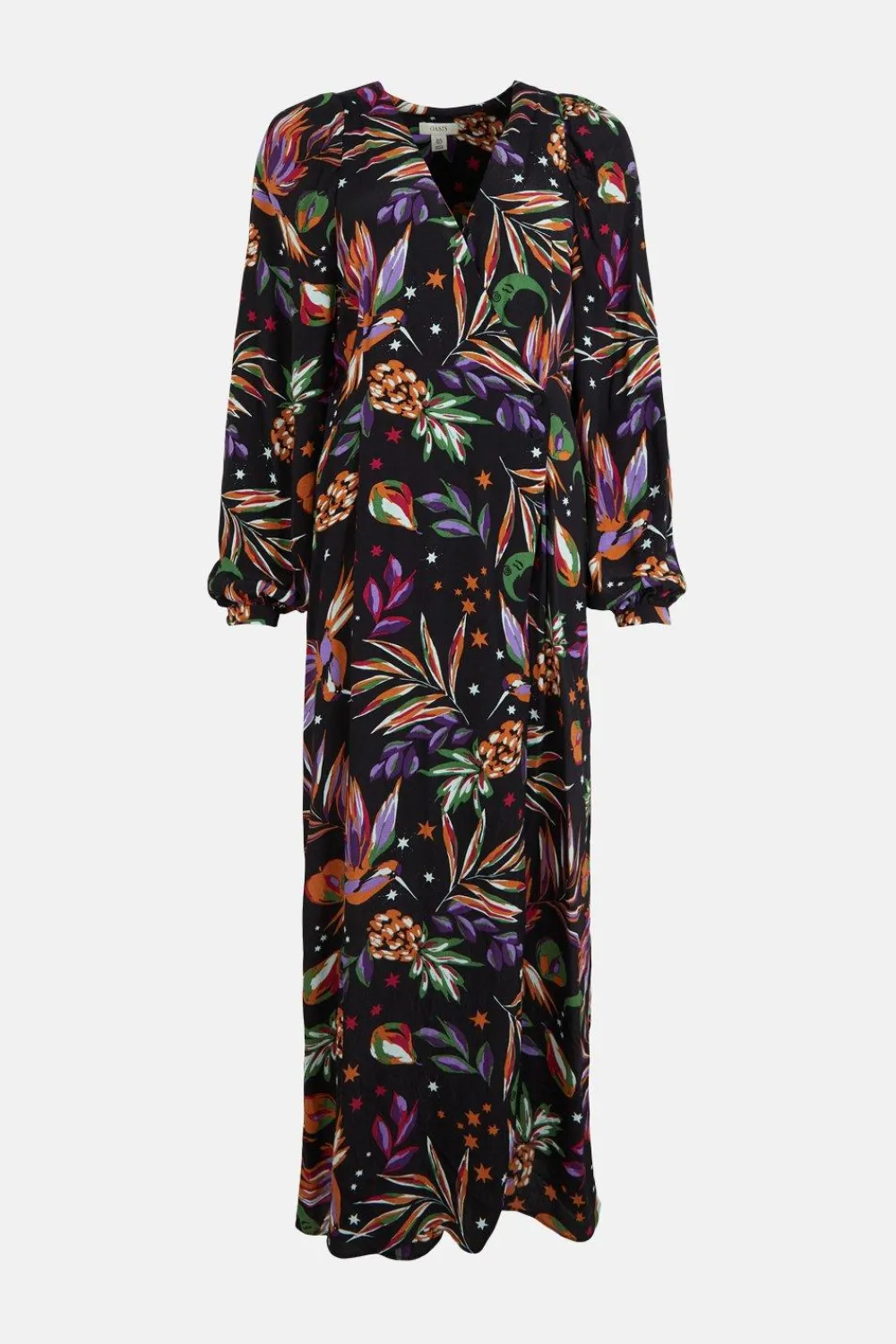 Fashion Oasis Starry Tropic Printed Midi Wrap Dress Black