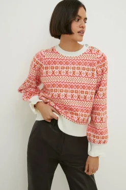 Discount Oasis Statement Button Fairisle Jumper Pink