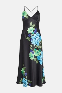 Outlet Oasis Statement Floral Satin Bias Midi Dress Black