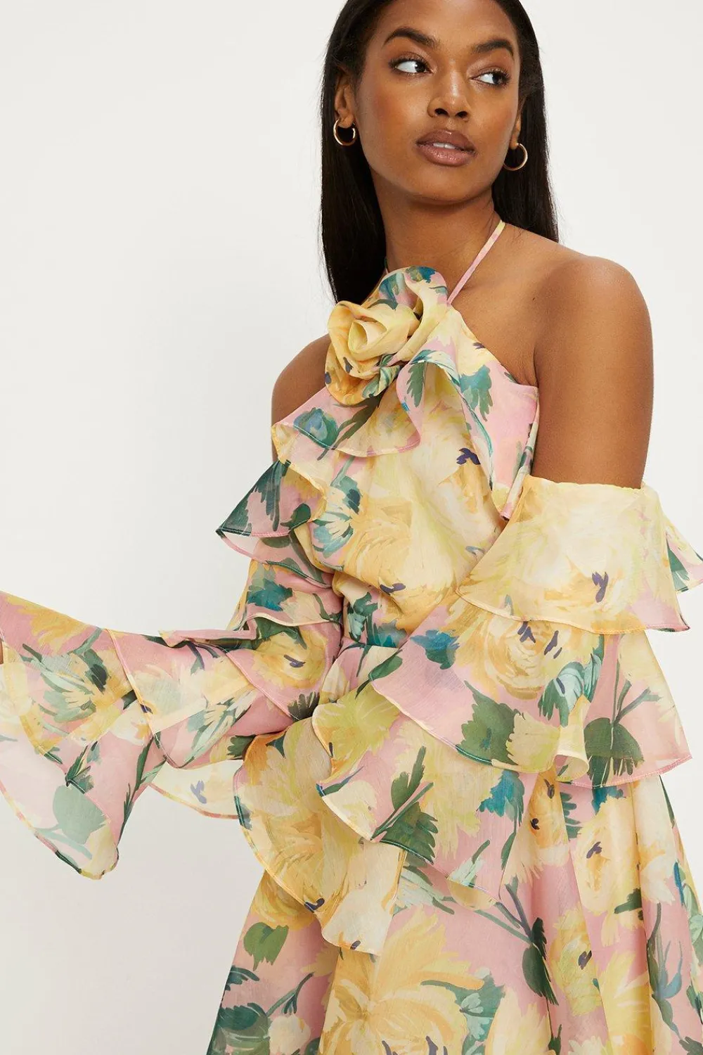 Best Oasis Statement Flower Ruffle Sleeve Organza Mini Dress Light Pink