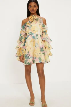 Best Oasis Statement Flower Ruffle Sleeve Organza Mini Dress Light Pink