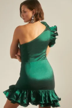 Sale Oasis Statement One Shoulder Ruffle Mini Dress Green
