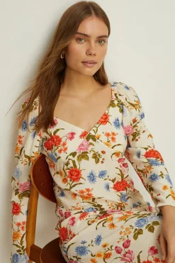Outlet Oasis Stem Floral Volume Sleeve Midi Dress Ivory