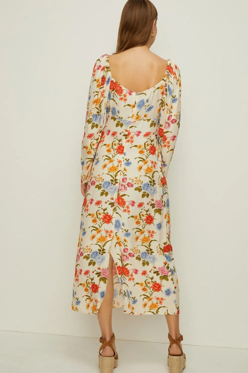 Outlet Oasis Stem Floral Volume Sleeve Midi Dress Ivory
