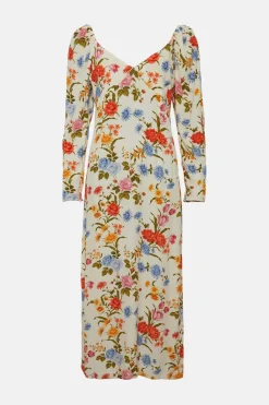 Outlet Oasis Stem Floral Volume Sleeve Midi Dress Ivory
