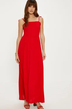 Outlet Oasis Strappy Crinkle Shir Maxi Dress Red