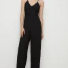 Sale Oasis Strappy Lace Mix Crepe Wide Leg Jumpsuit Black