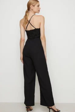 Sale Oasis Strappy Lace Mix Crepe Wide Leg Jumpsuit Black