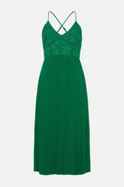 Fashion Oasis Strappy Lace V Neck Pleat Midi Dress Red
